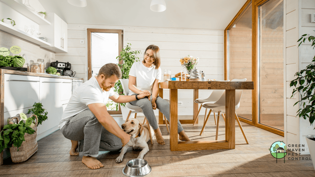 A man and woman smile in a bright kitchen as the man pets a yellow labrador sitting by a water bowl. Sunlight streams through large windows, and the Green Haven Pest Control logo reminds Montgomery County residents to prevent any unwanted tenant.